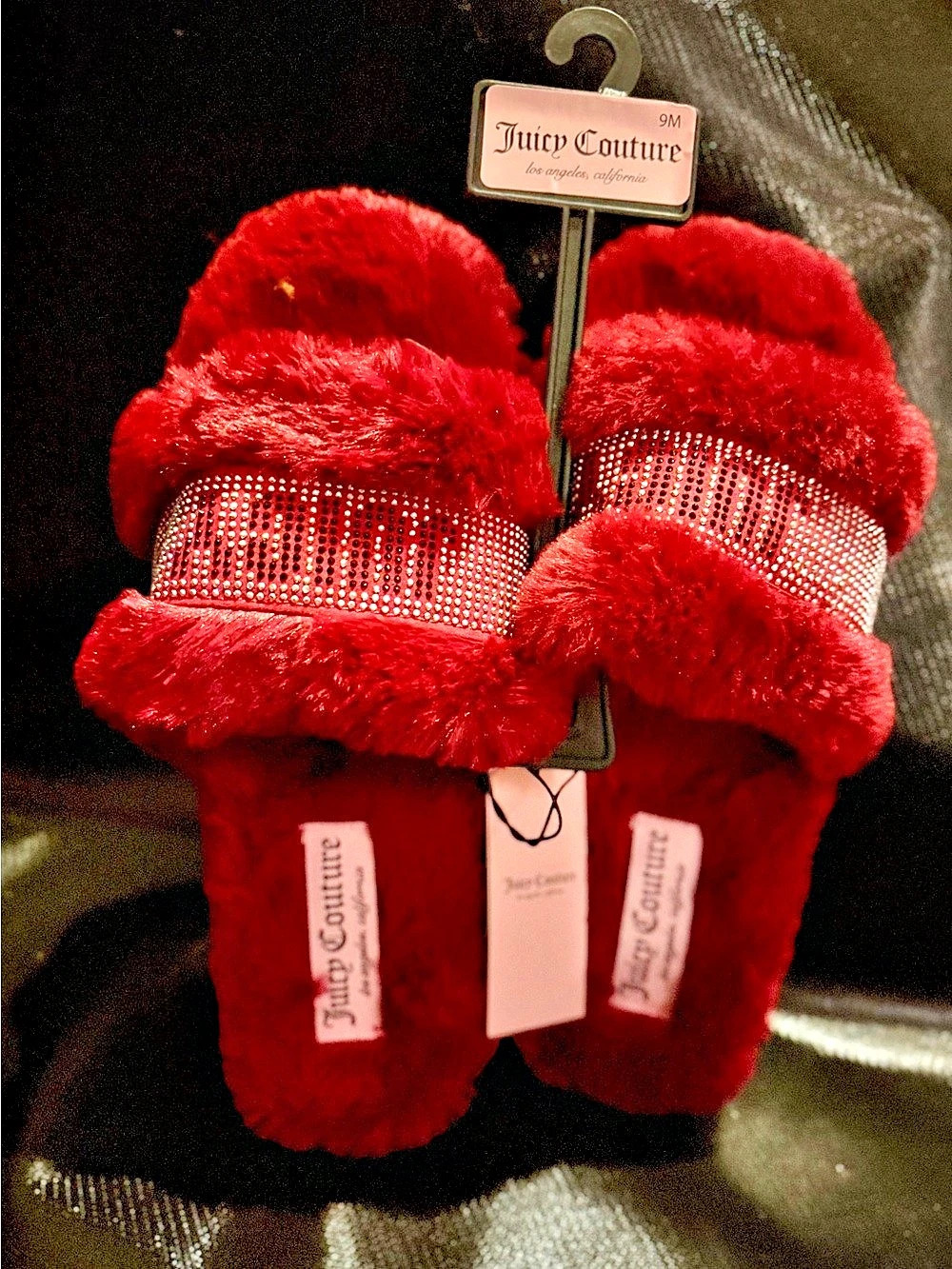 Juicy Couture Gravity Faux Fur Rhinestone Slide Slippers Red